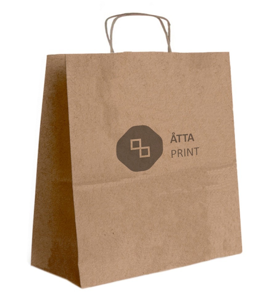 Papīra maisiņš ar vītiem rokturiem 45×16×48 cm – brūns kraft ar logo (apdrukas piemērs)